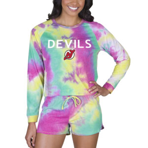 Women's Concepts Sport New Jersey Devils Velodrome Tie-Dye Long Sleeve Top & Shorts Set