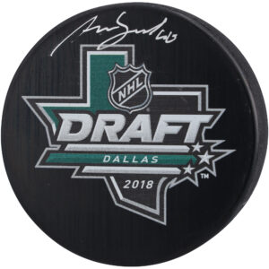 Akira Schmid New Jersey Devils Autographed 2018 Draft Logo Hockey Puck